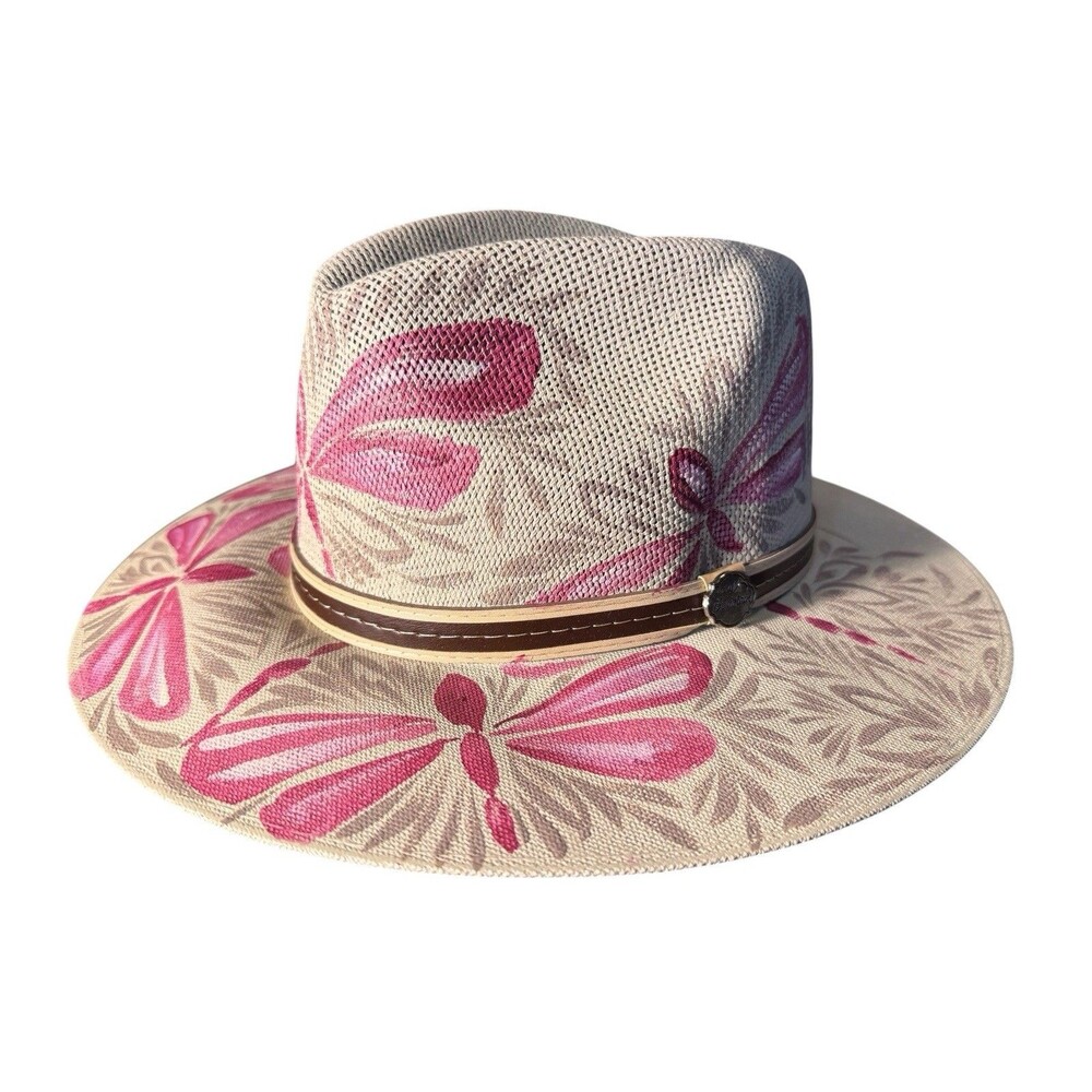 Mexican Artisanal Hand Painted Fedora Hat Pink Dragonfly-Beige M - Picture 2 of 16